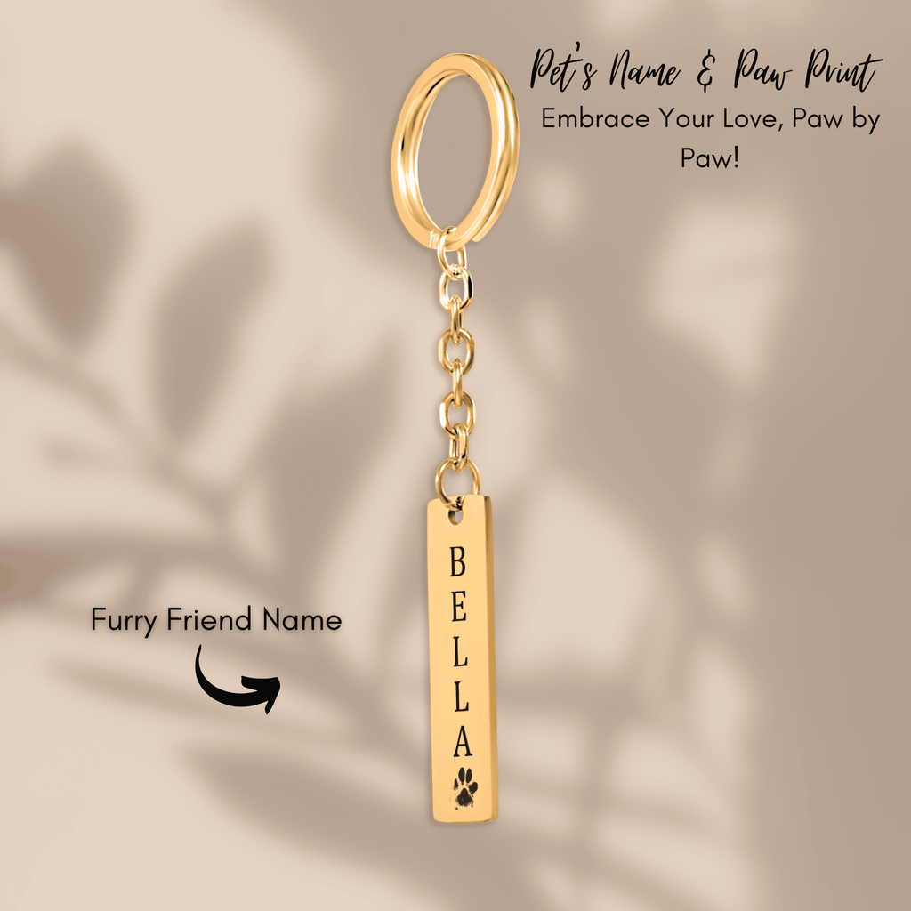 Pet's Name & Paw Print Vertical Bar Keychain