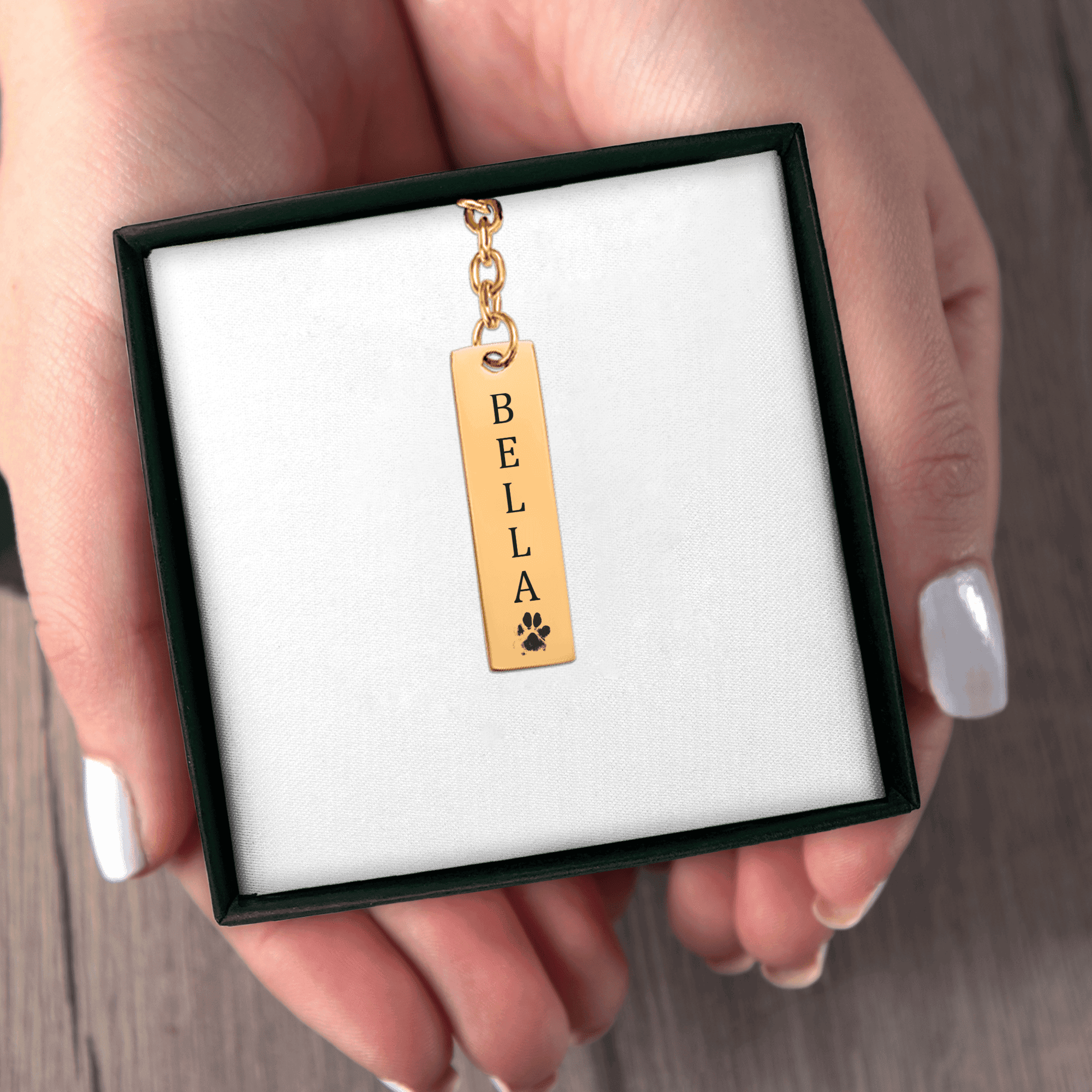 Pet's Name & Paw Print Vertical Bar Keychain
